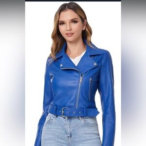 Women’s Royal Blue Faux Leather Biker moto Jacket - L